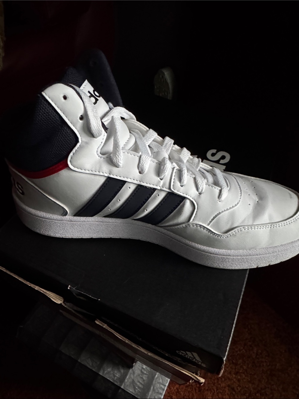 adidas White High-Top Sneakers with Navy and Red Accents